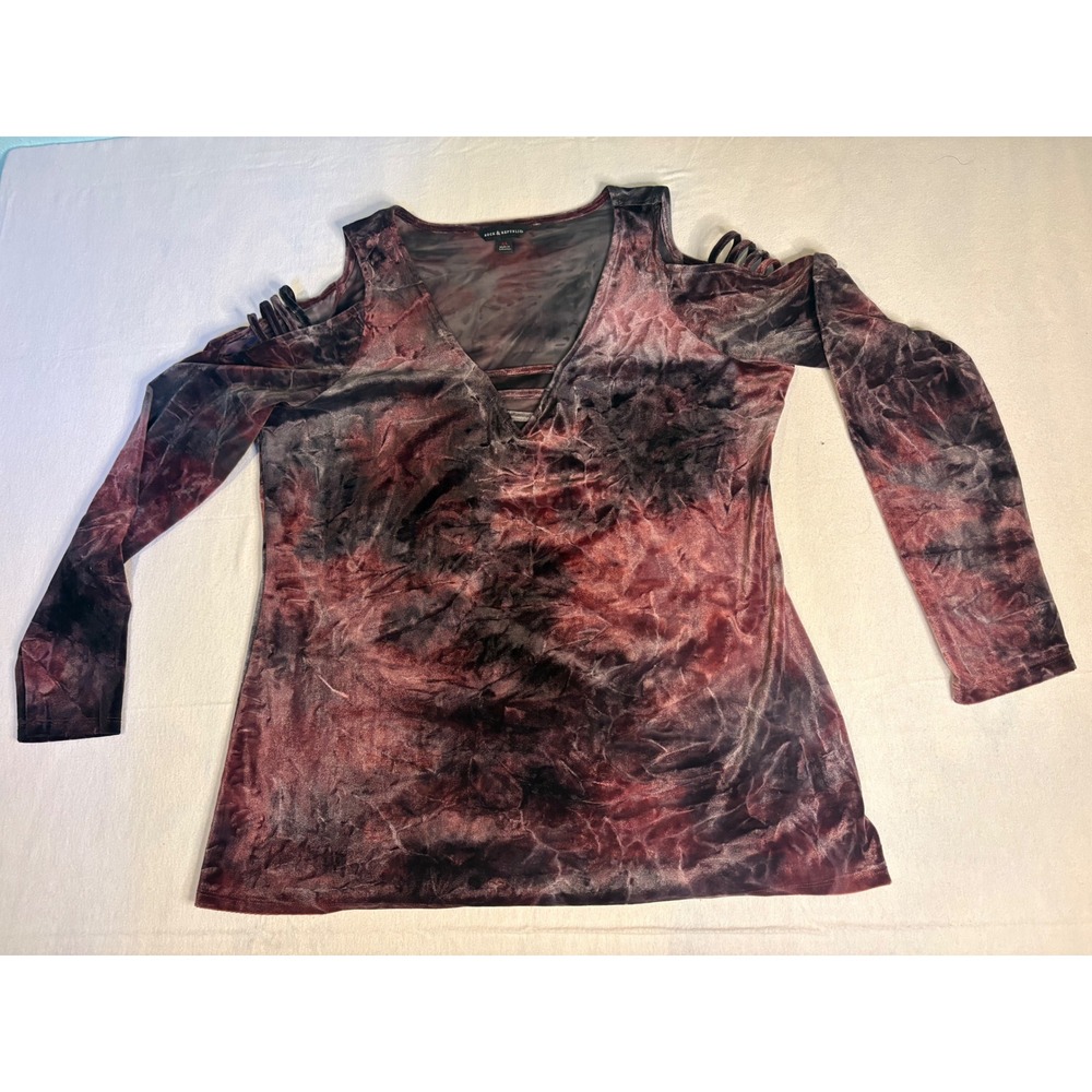 Rock & Republic Women XL Velvet Cold Shoulder Tie Dye Burgundy Black Straps 1401